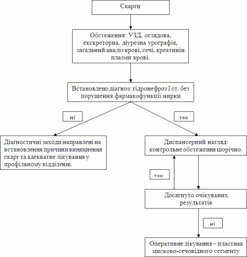 Графічна схема алгоритму надання медичної допомоги хворим на гідронефроз з обструкцією мисково-сечовідного з’єднання І ст. без порушення фармакофункції нирки