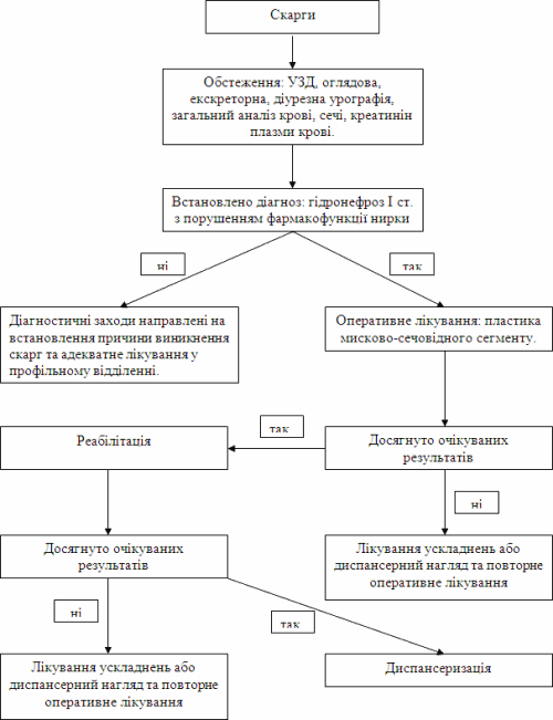 Графічна схема алгоритму надання медичної допомоги хворим на гідронефроз з обструкцією мисково-сечовідного з’єднання І ст. з порушенням фармакофункції нирки