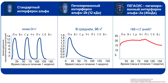 Схема длительности действия и постоянства концентрации Пегасиса в сравнении со стандартным интерфероном альфа и пегилированным интерфероном альфа-2b при однократном введении лекарства